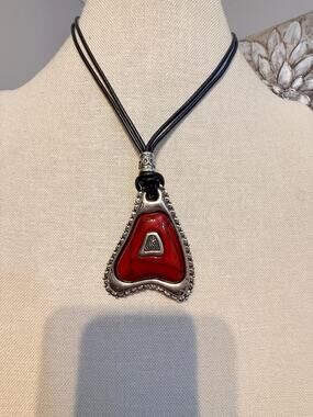 Vintage Red Geometric Pendant Cord Necklace 18”
